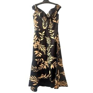 Andres Otalora Black and Gold Floral Off The Shoulder Midi dress Sz 8 NWT